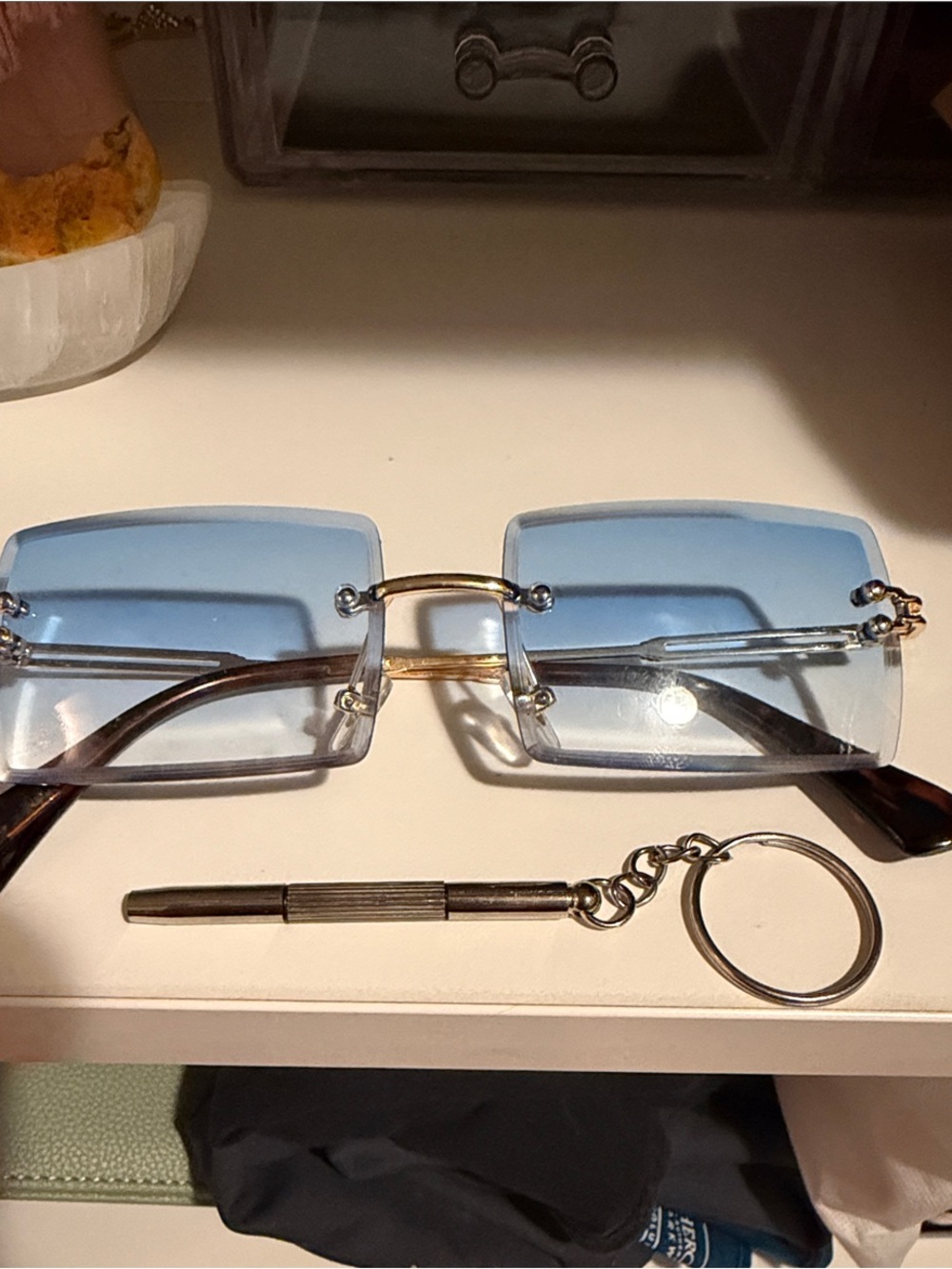 Rimless Square Sunglasses - Light Blue Lenses